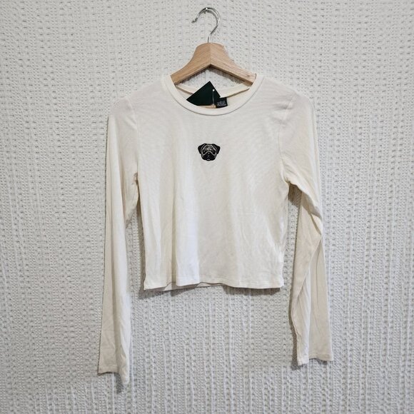 Wild Fable Pug Dog Ribbed Embroidered White Long Sleeve Crop Top Size Medium - Picture 5 of 13